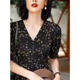 100% Silk Black Floral Print Dress Ladies Summer Chic Silk Dresses